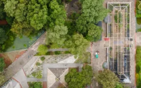 Vista aérea del Orquidiario del Jardín Botánico rodeado de árboles en el Bosque de Chapultepec