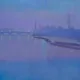 Pintura de un río al anochecer con un puente y chimeneas, de la Colección Kaluz
