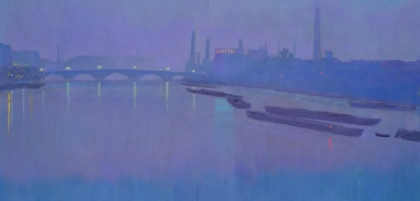 Pintura de un río al anochecer con un puente y chimeneas, de la Colección Kaluz