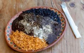 Plato de mole con arroz rojo y frijoles negros