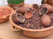 Granos y cáscaras de cacao en recipientes de barro, fotografía de 2021. Imagen documental del producto protagonista; no corresponde al Festival Cacao Para Todos de 2026 ni a uno de sus puestos.