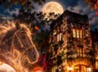Ilustración nocturna de la Casa-Fuerte del Indio Fernández en Coyoacán con luna llena y un caballo