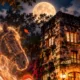 Ilustración nocturna de la Casa-Fuerte del Indio Fernández en Coyoacán con luna llena y un caballo