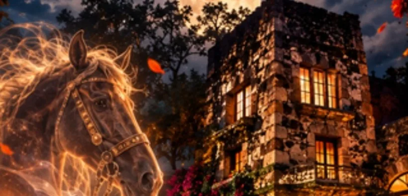 Ilustración nocturna de la Casa-Fuerte del Indio Fernández en Coyoacán con luna llena y un caballo