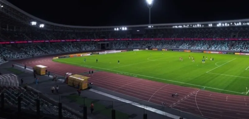 Estadio de futbol iluminado por reflectores durante la noche