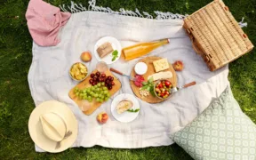 leisure and eating concept - close up of food, drinks and picnic basket on blanket on grass at summer park